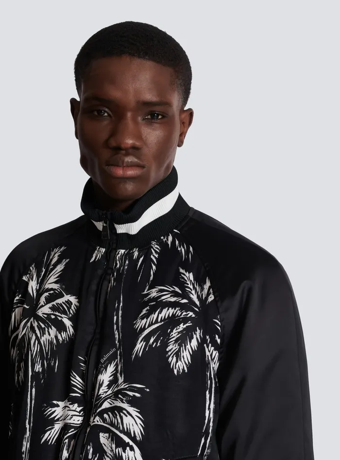 Balmain Printed Satin Palm Tree Bomber Jacket Black Men Outerwear