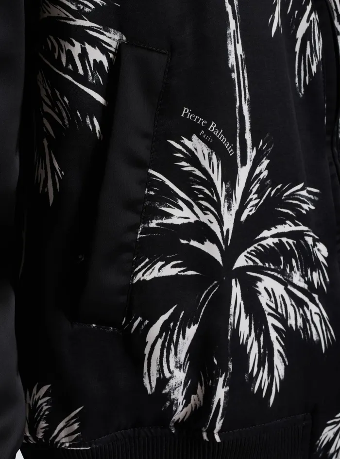 Balmain Printed Satin Palm Tree Bomber Jacket Black Men Outerwear