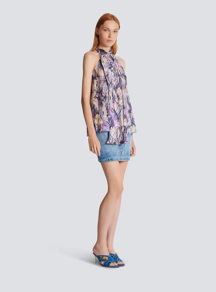 Balmain Pussybow Top With Feather Print Multicolor Women Tops And Shirts