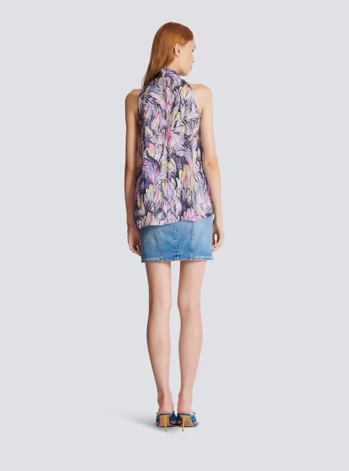 Balmain Pussybow Top With Feather Print Multicolor Women Tops And Shirts