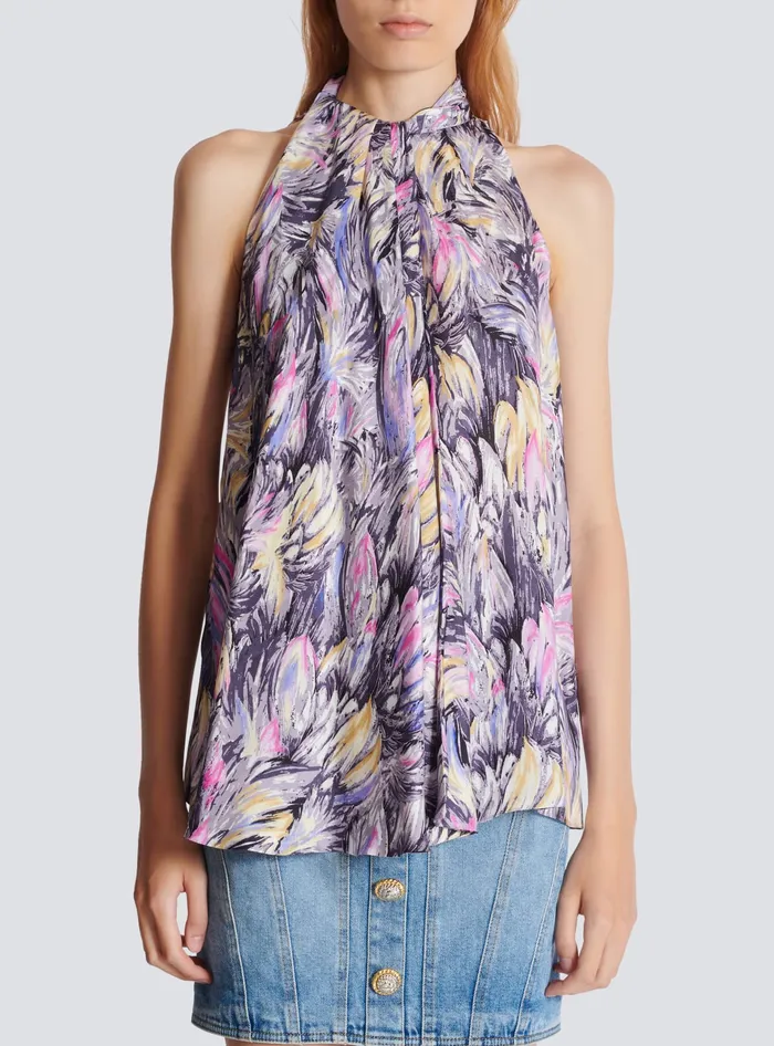 Balmain Pussybow Top With Feather Print Multicolor Women Tops And Shirts