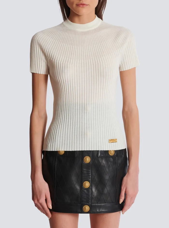 Balmain Ribbed Knit Top Beige Women Tops And Shirts