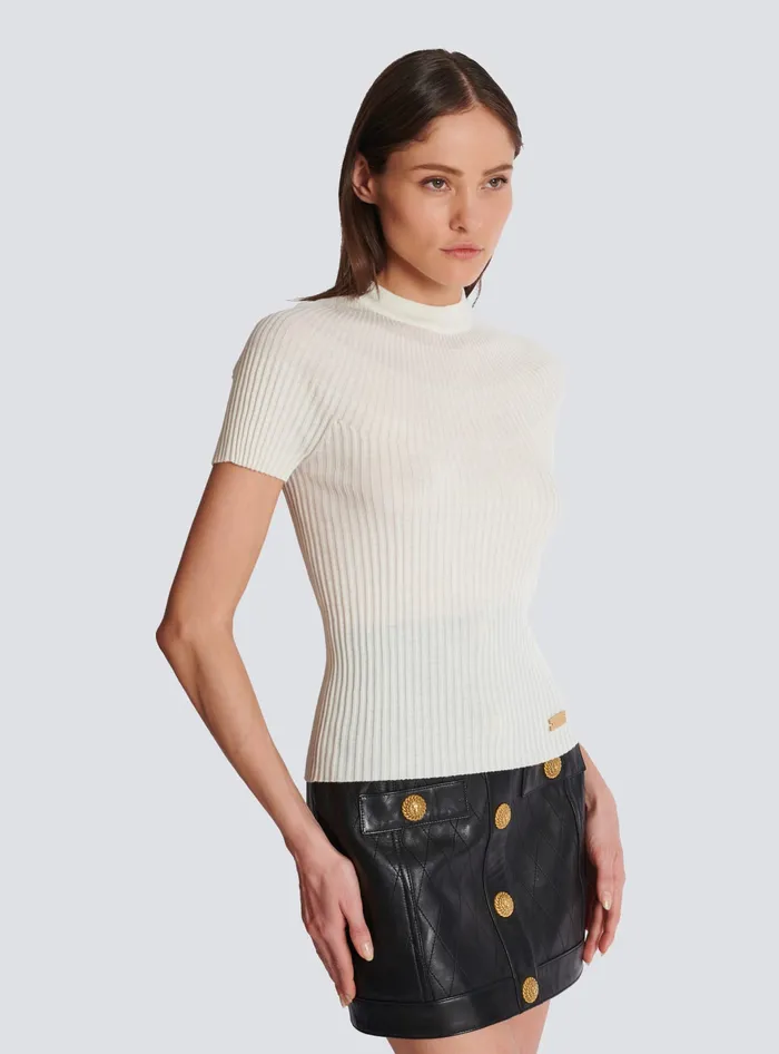 Balmain Ribbed Knit Top Beige Women Tops And Shirts