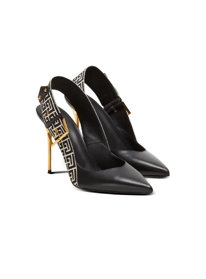 Balmain Ruby Monogrammed Leather Slingbacks Black Women High Heels and Pumps