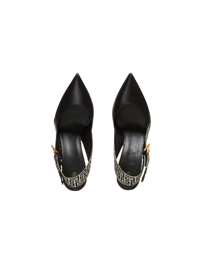 Balmain Ruby Monogrammed Leather Slingbacks Black Women High Heels and Pumps