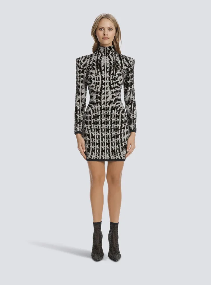 Balmain Short Bicolor Jacquard Knit Dress With Monogram Black Women Dresses