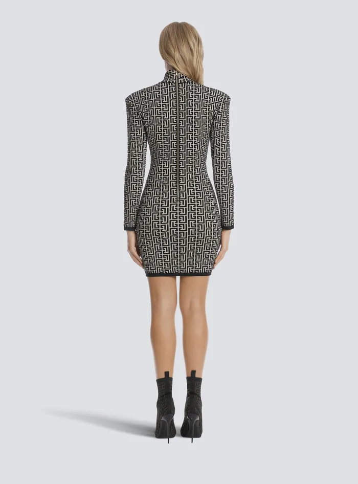 Balmain Short Bicolor Jacquard Knit Dress With Monogram Black Women Dresses