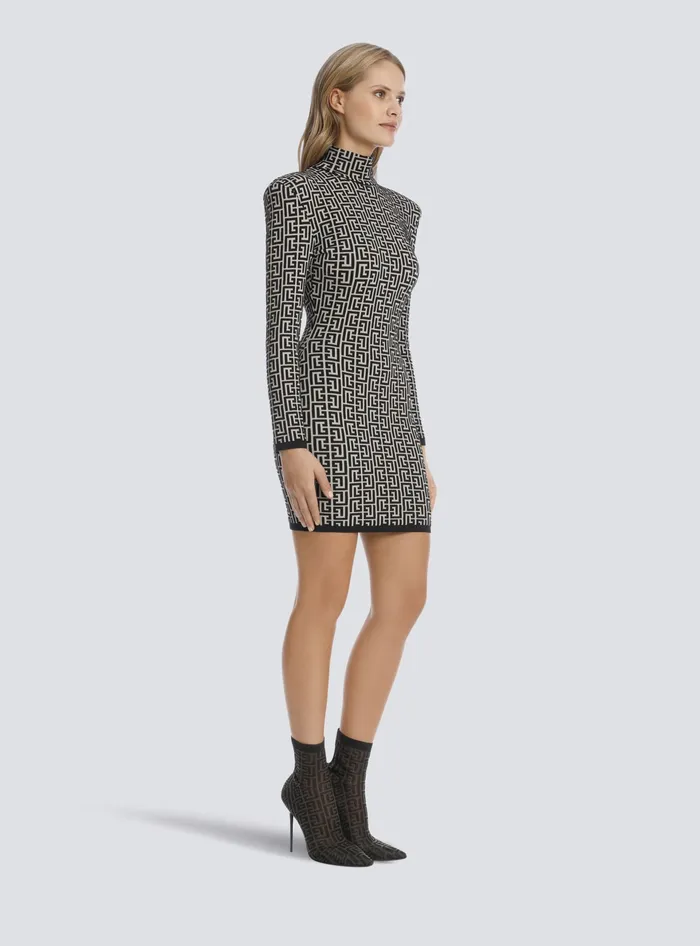 Balmain Short Bicolor Jacquard Knit Dress With Monogram Black Women Dresses