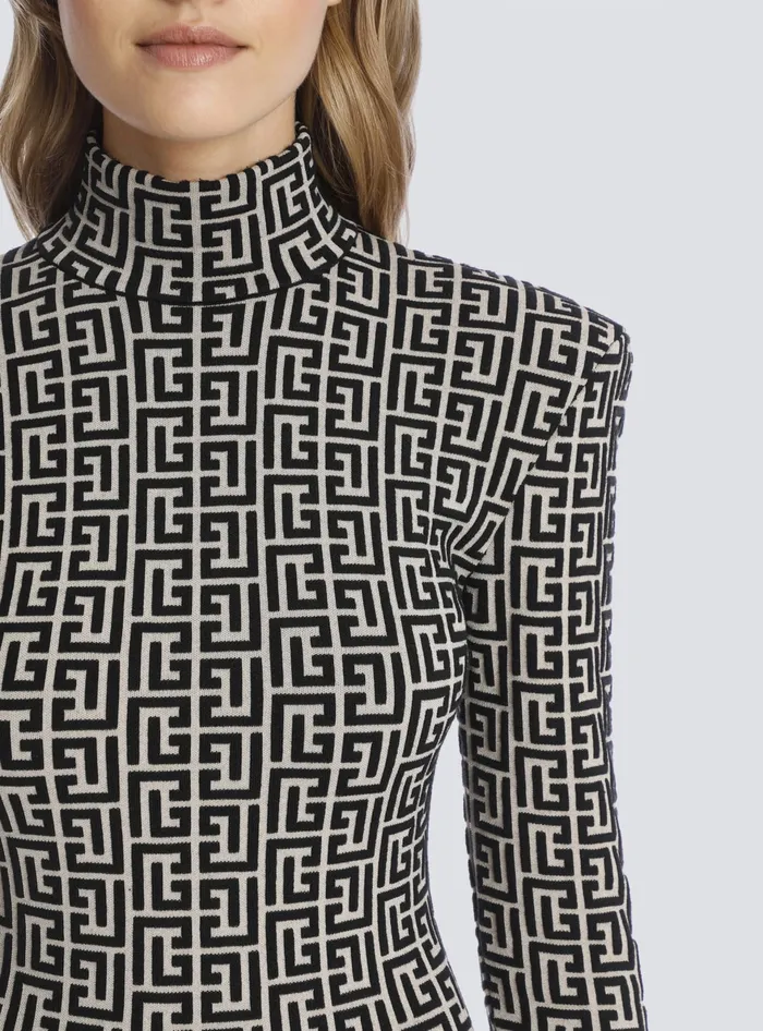 Balmain Short Bicolor Jacquard Knit Dress With Monogram Black Women Dresses
