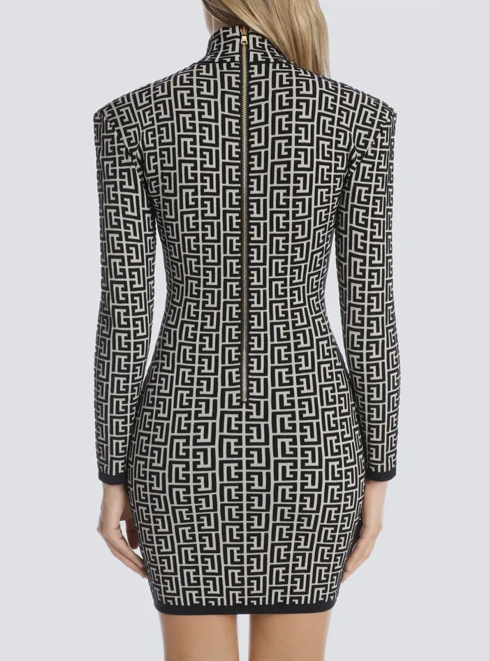 Balmain Short Bicolor Jacquard Knit Dress With Monogram Black Women Dresses