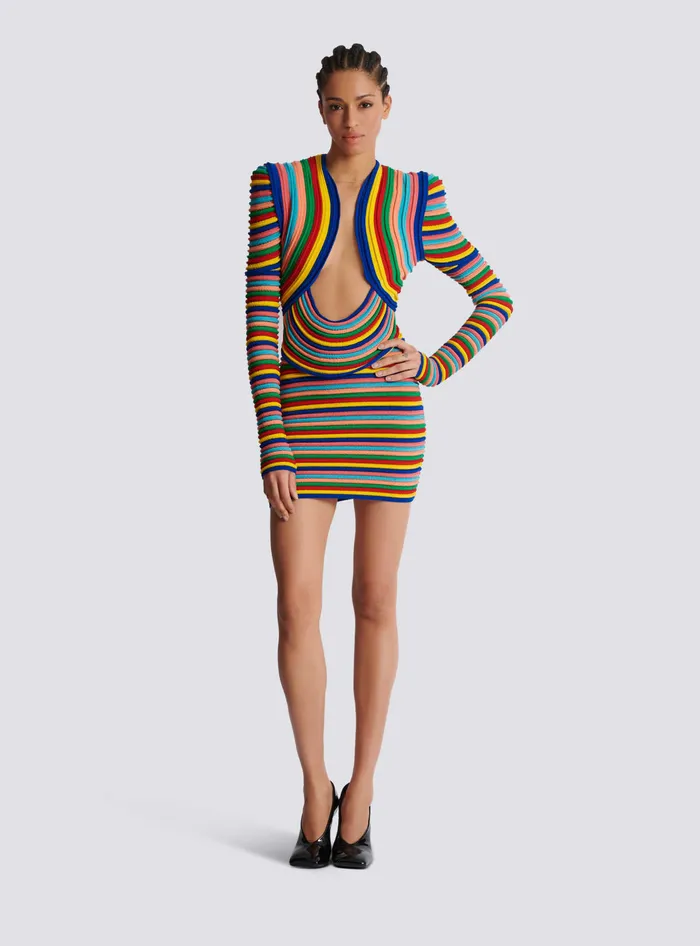 Balmain Short Dress In Multicoloured Rolled Knit Multicolor Women Dresses