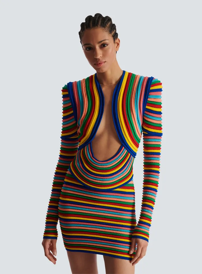 Balmain Short Dress In Multicoloured Rolled Knit Multicolor Women Dresses