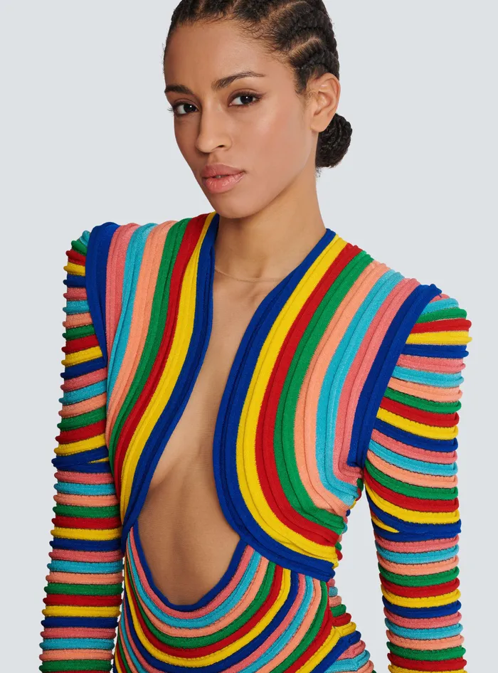 Balmain Short Dress In Multicoloured Rolled Knit Multicolor Women Dresses