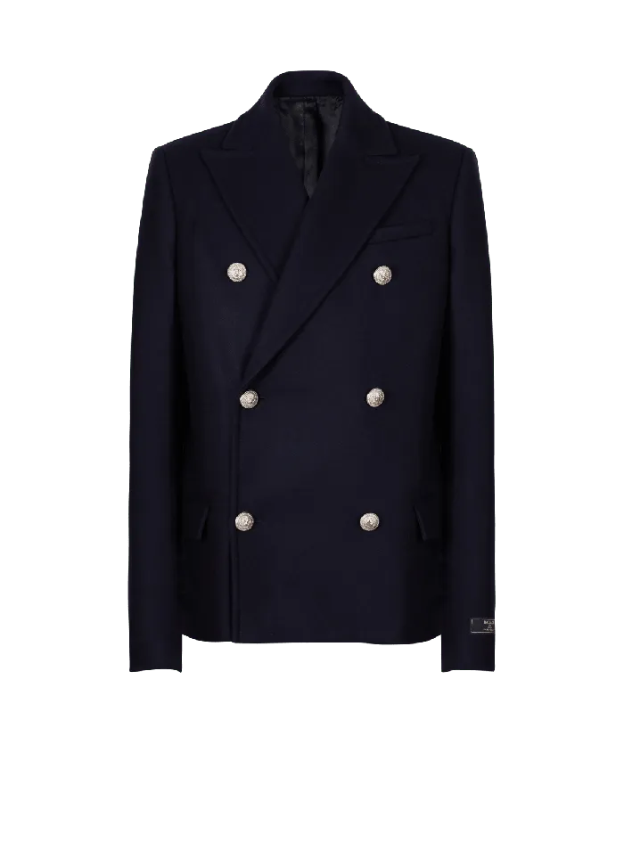 Balmain Short Felted Wool Coat Navy Men Outerwear