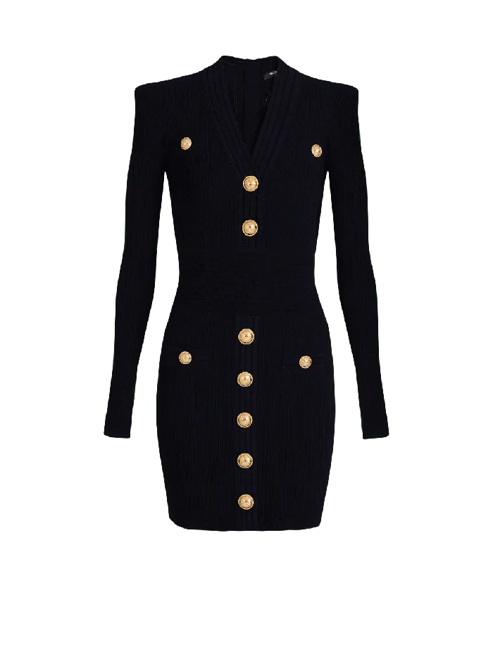 Balmain Short Knitted Dress With Gold Buttons Black Women Dresses