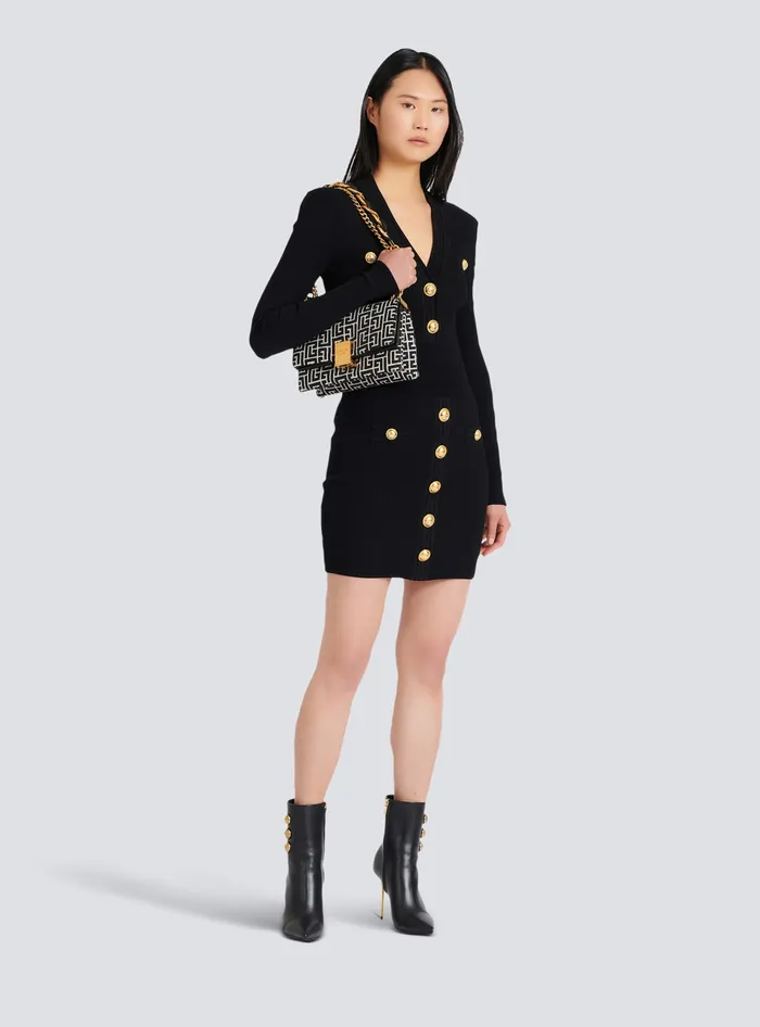 Balmain Short Knitted Dress With Gold Buttons Black Women Dresses