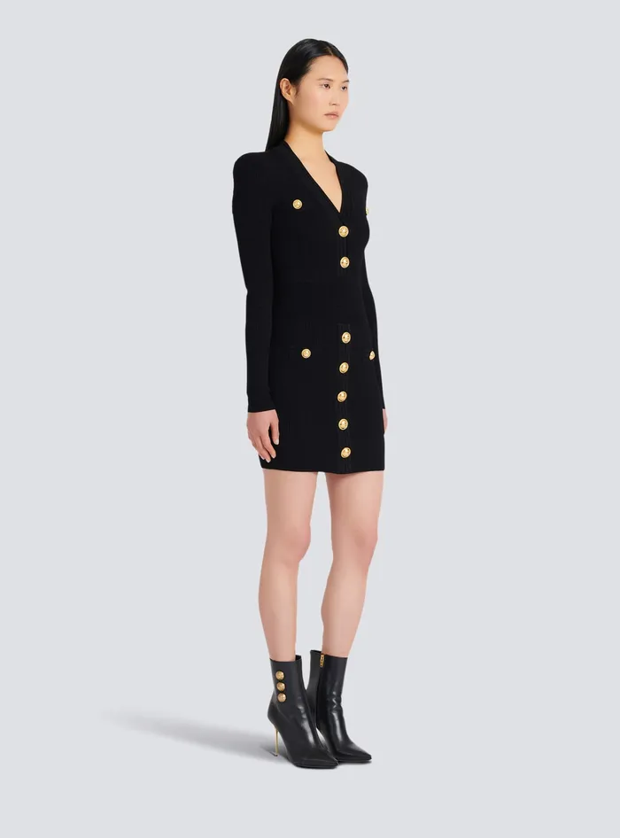 Balmain Short Knitted Dress With Gold Buttons Black Women Dresses