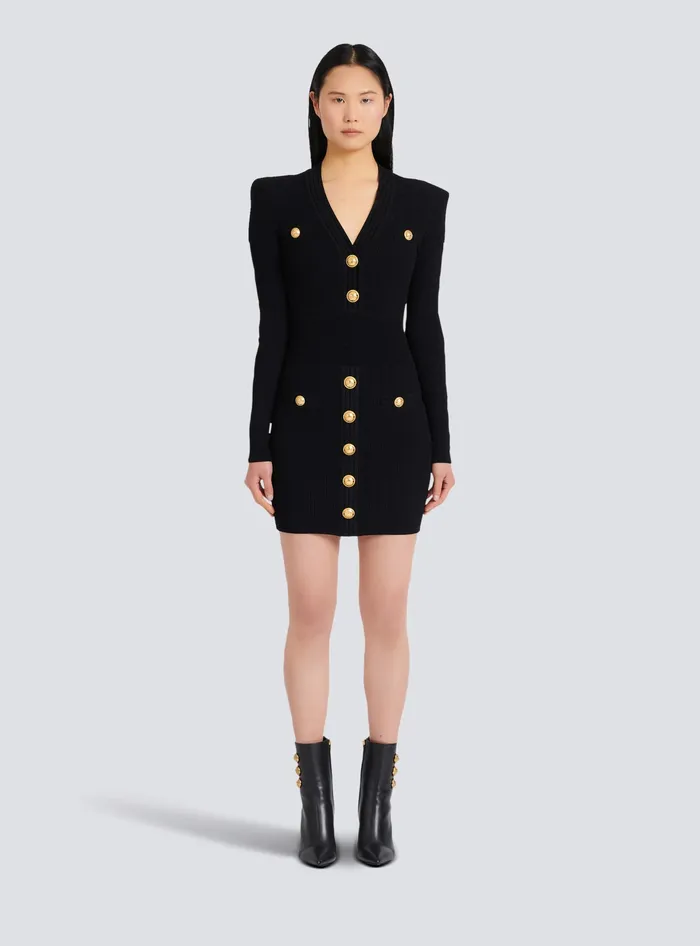 Balmain Short Knitted Dress With Gold Buttons Black Women Dresses