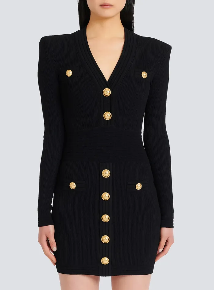 Balmain Short Knitted Dress With Gold Buttons Black Women Dresses