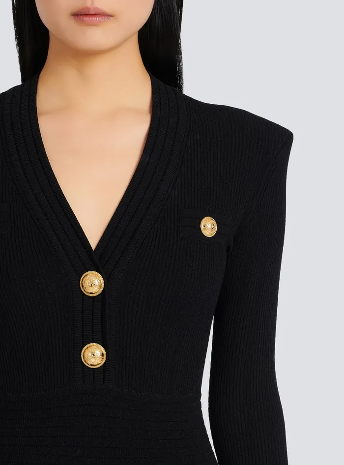 Balmain Short Knitted Dress With Gold Buttons Black Women Dresses
