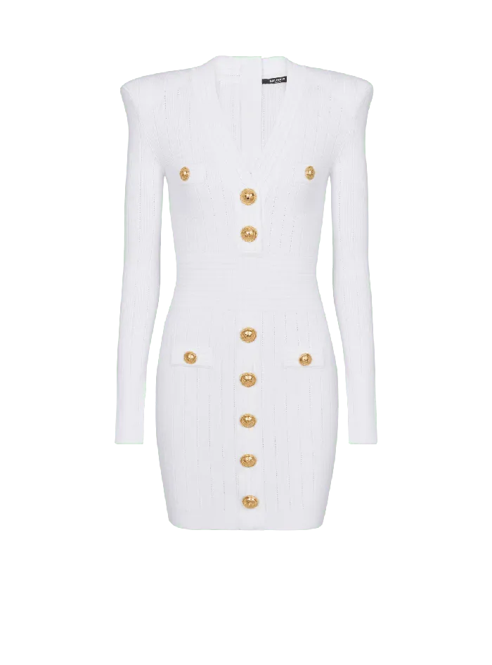 Balmain Short Knitted Dress With Gold Buttons White Women Dresses