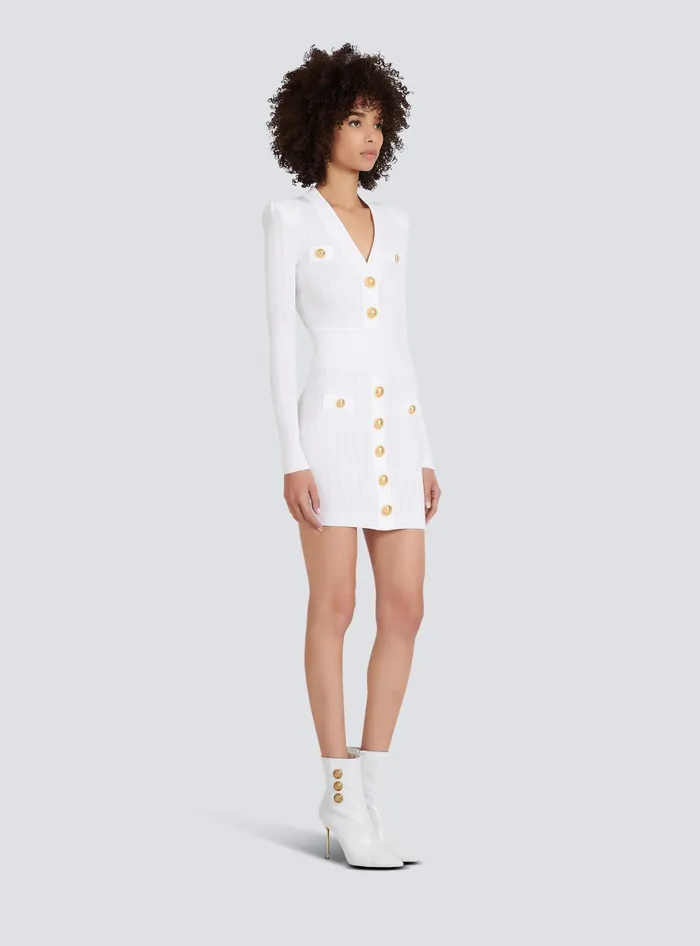 Balmain Short Knitted Dress With Gold Buttons White Women Dresses