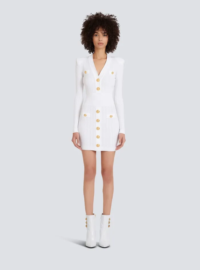 Balmain Short Knitted Dress With Gold Buttons White Women Dresses