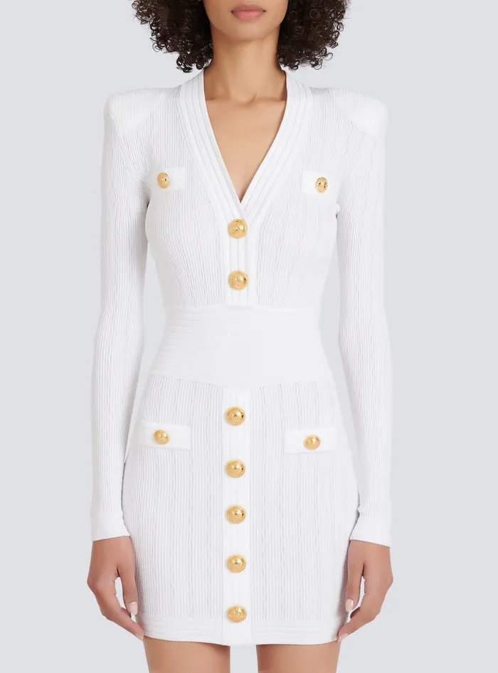 Balmain Short Knitted Dress With Gold Buttons White Women Dresses
