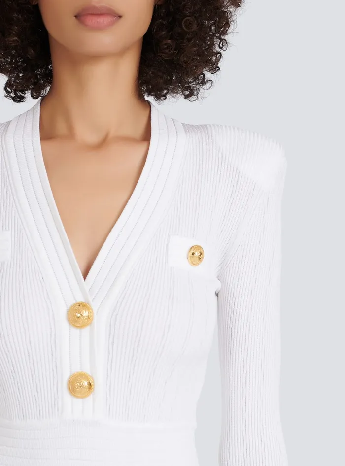 Balmain Short Knitted Dress With Gold Buttons White Women Dresses