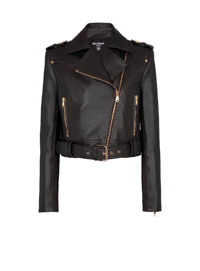 Balmain Short Leather Biker Jacket Black Women Outerwear