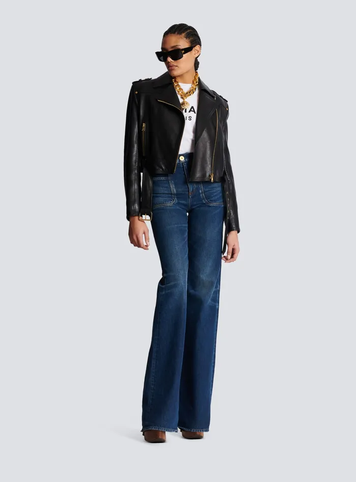 Balmain Short Leather Biker Jacket Black Women Outerwear