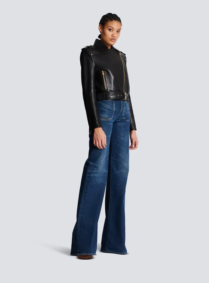 Balmain Short Leather Biker Jacket Black Women Outerwear