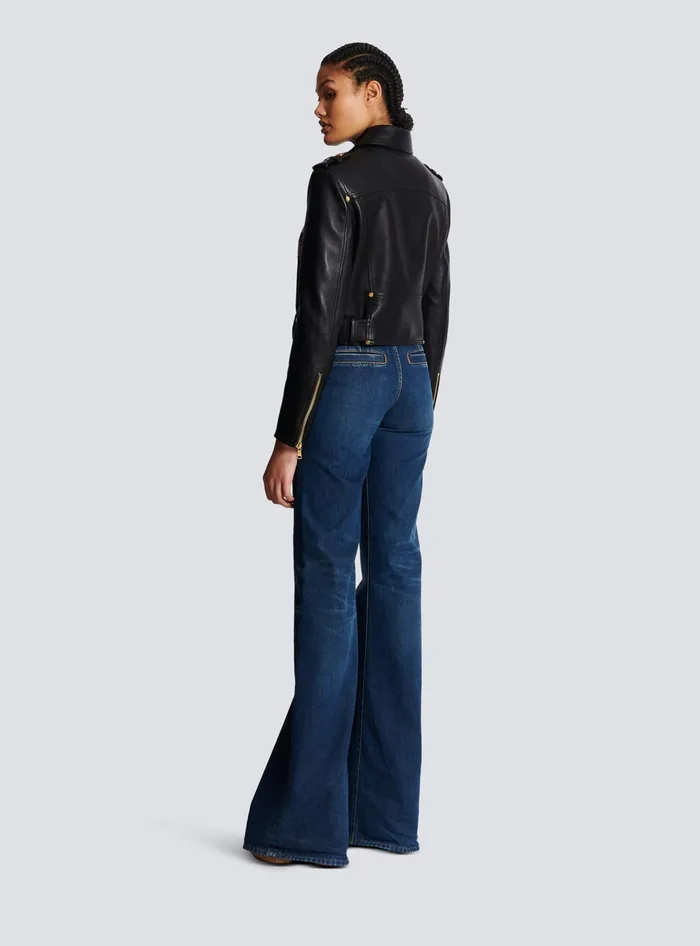 Balmain Short Leather Biker Jacket Black Women Outerwear