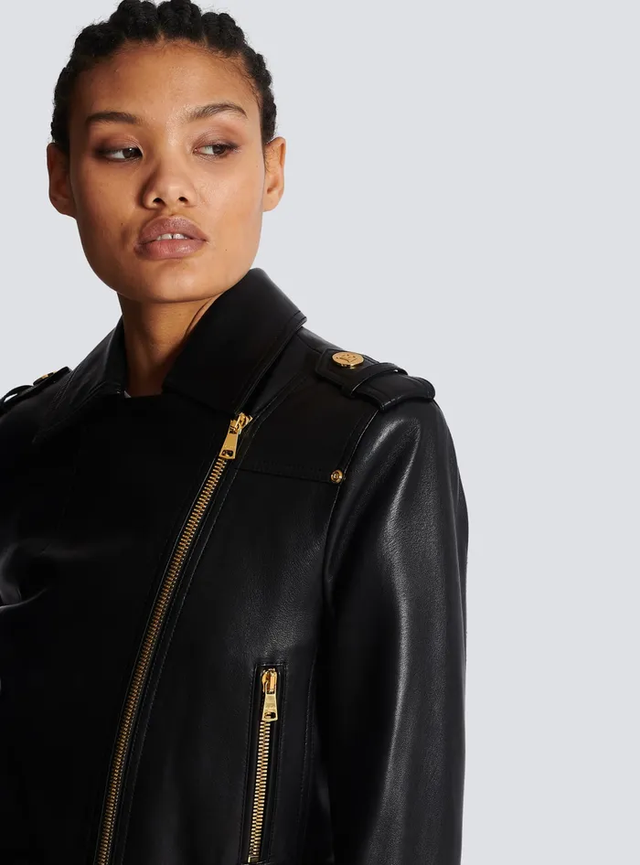 Balmain Short Leather Biker Jacket Black Women Outerwear