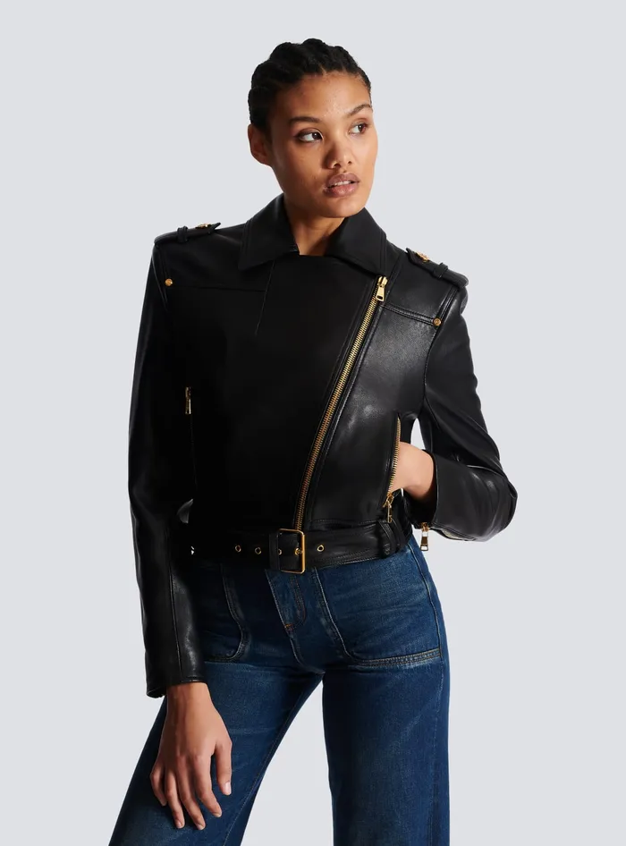 Balmain Short Leather Biker Jacket Black Women Outerwear