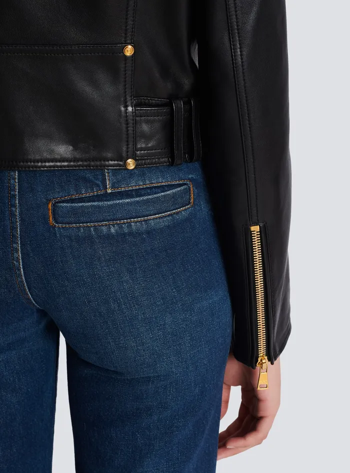 Balmain Short Leather Biker Jacket Black Women Outerwear