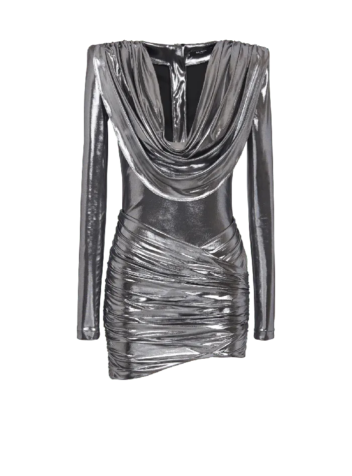 Balmain Short Metallic Draped Dress Silver Women Dresses