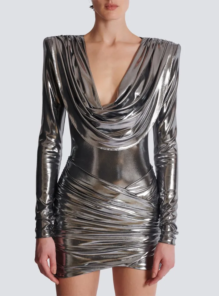 Balmain Short Metallic Draped Dress Silver Women Dresses