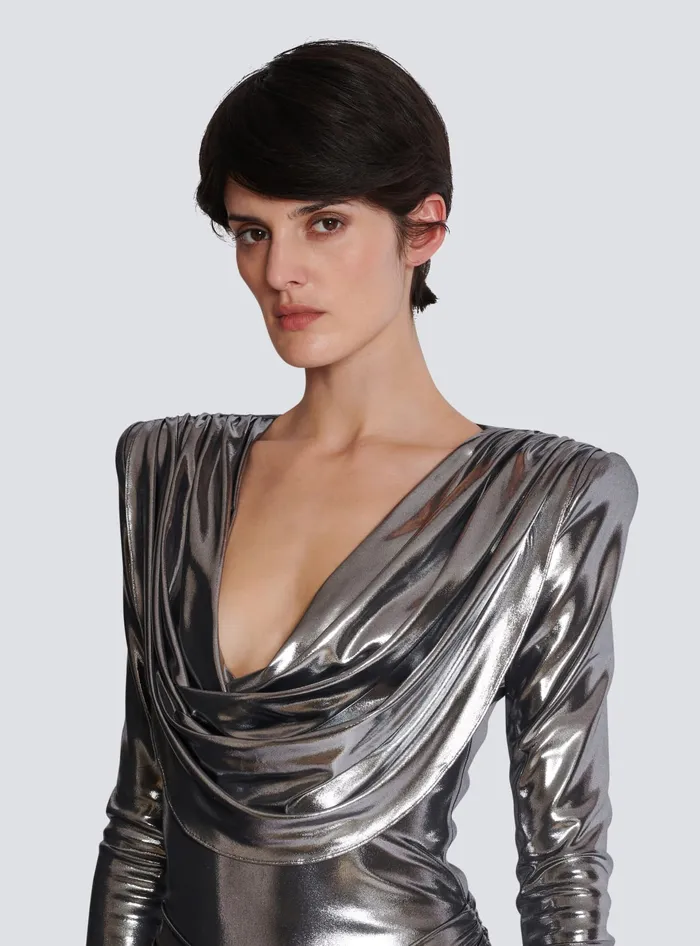 Balmain Short Metallic Draped Dress Silver Women Dresses