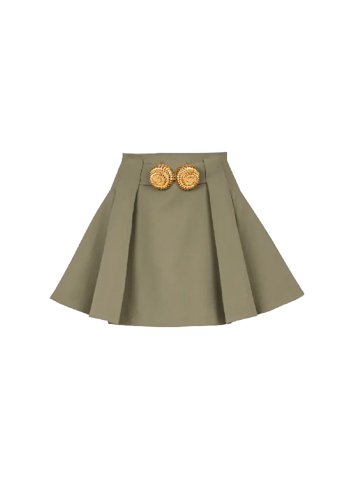 Balmain Short Pleated Skirt In Grain De Poudre Green Women Skirts
