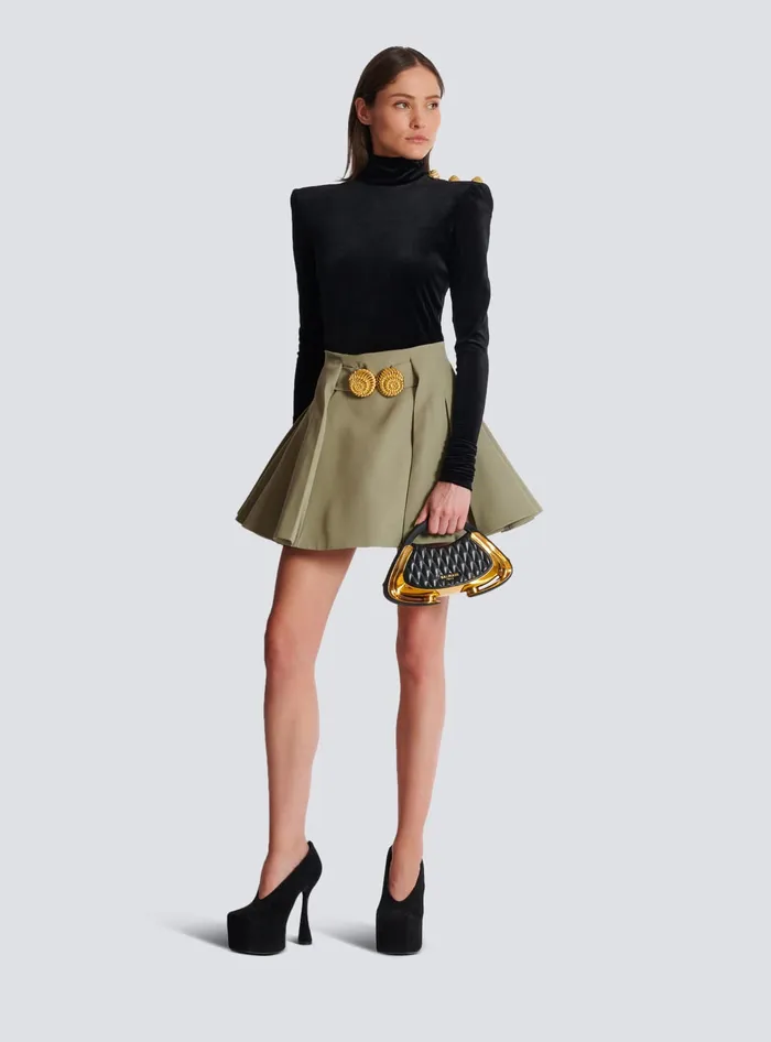 Balmain Short Pleated Skirt In Grain De Poudre Green Women Skirts