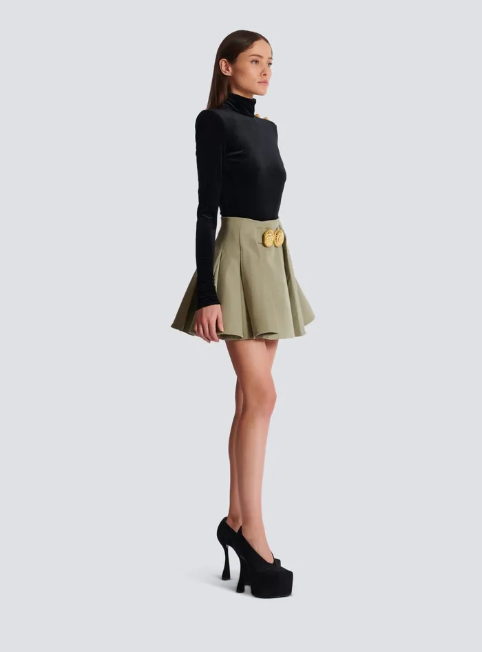 Balmain Short Pleated Skirt In Grain De Poudre Green Women Skirts
