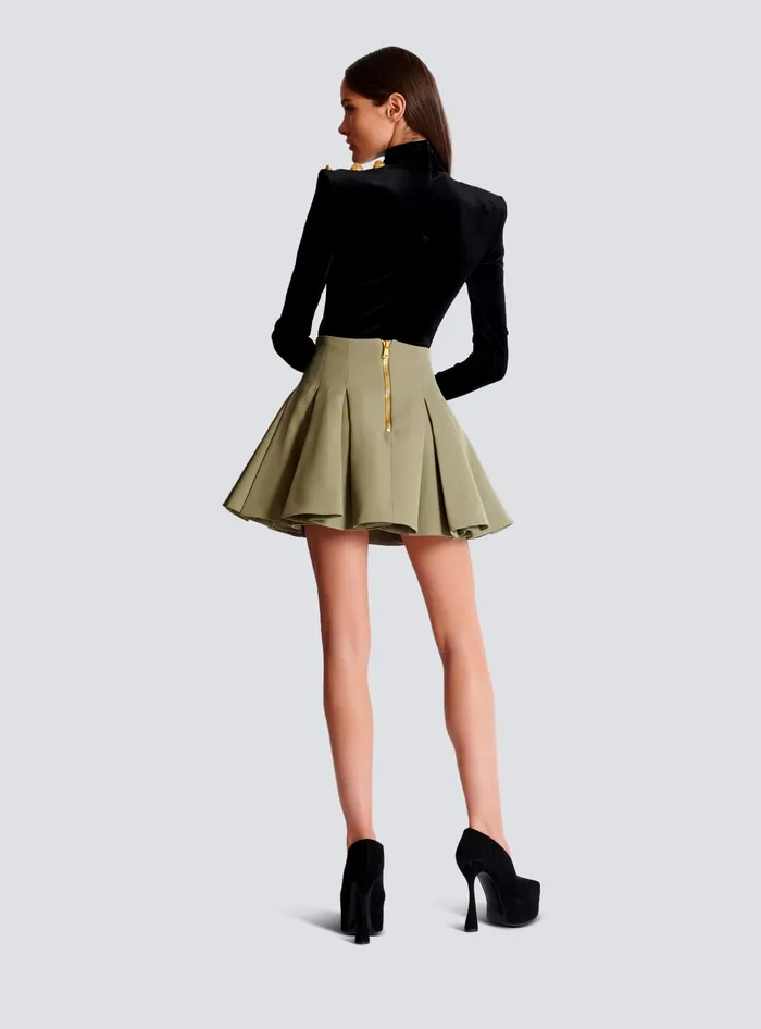 Balmain Short Pleated Skirt In Grain De Poudre Green Women Skirts