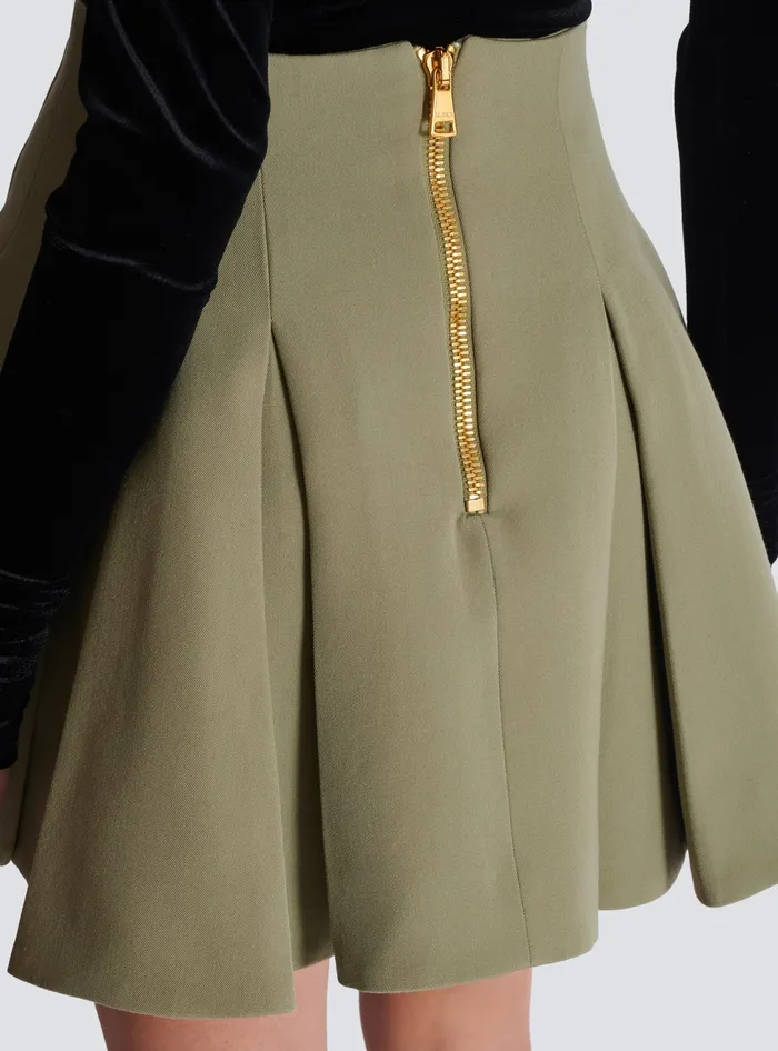 Balmain Short Pleated Skirt In Grain De Poudre Green Women Skirts