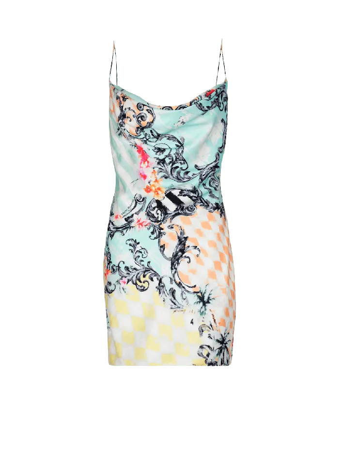 Balmain Short Satin Slip Dress With Baroque Print Multicolor Women Dresses