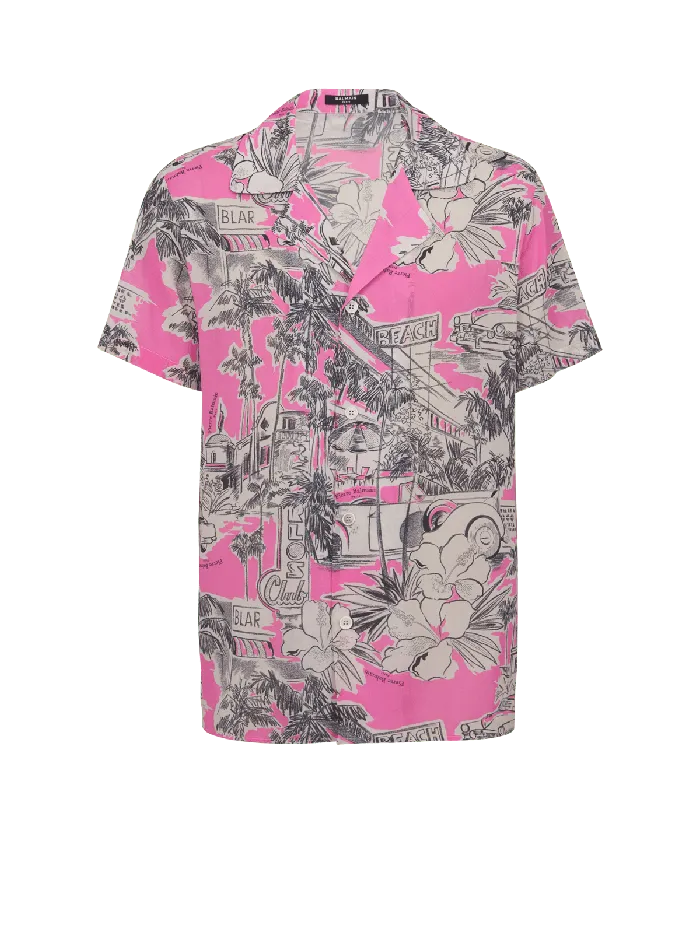 Balmain Shortsleeved Silk Pyjama Shirt With Miami Print Pink Men Shirts And Polos Balmain Shortsleeved Silk Pyjama Shirt With Miami Print Pink Men Shirts And Polos