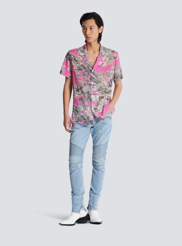 Balmain Shortsleeved Silk Pyjama Shirt With Miami Print Pink Men Shirts And Polos