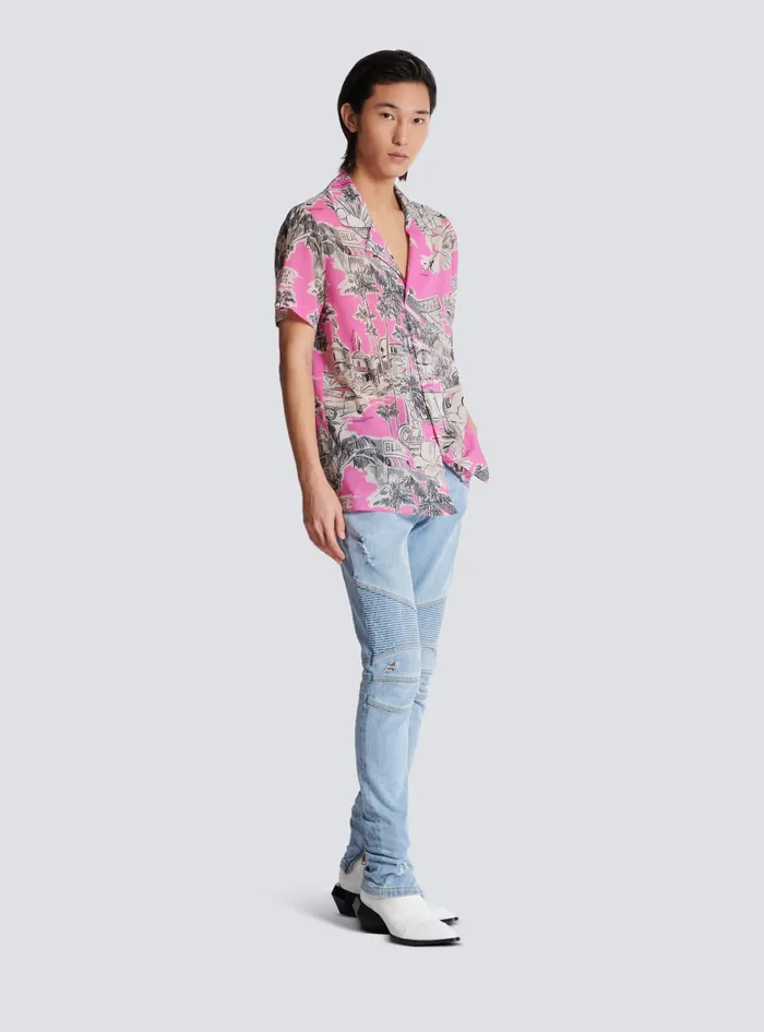 Balmain Shortsleeved Silk Pyjama Shirt With Miami Print Pink Men Shirts And Polos