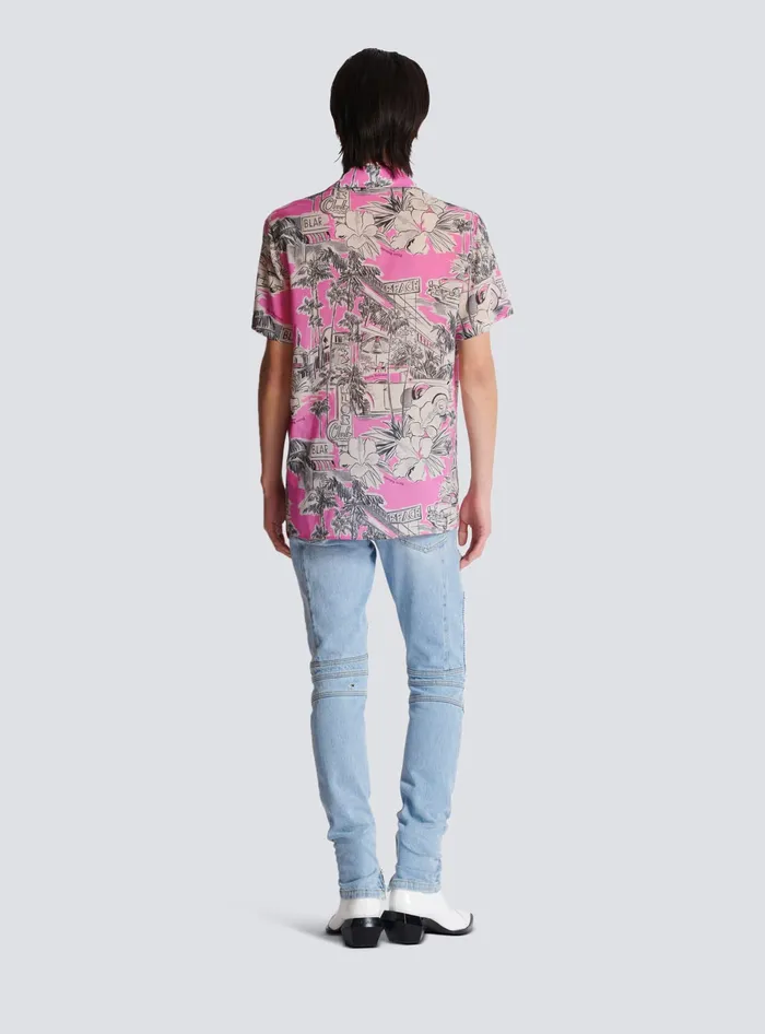 Balmain Shortsleeved Silk Pyjama Shirt With Miami Print Pink Men Shirts And Polos