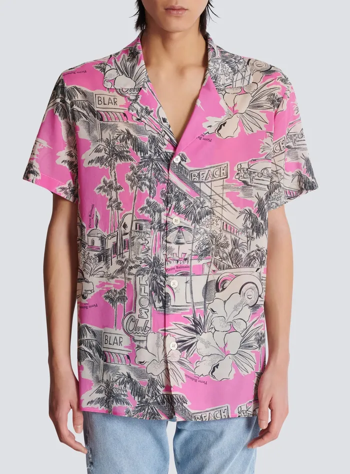 Balmain Shortsleeved Silk Pyjama Shirt With Miami Print Pink Men Shirts And Polos
